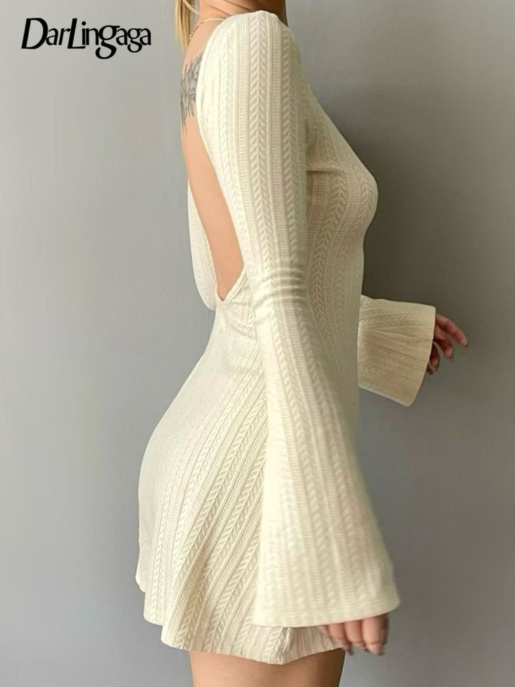 Backless Chic Solid Long Sleeve Autumn Dress Women's Fashion Basic Mini Dresses Slim Elegant Dress The Clothing Company Sydney
