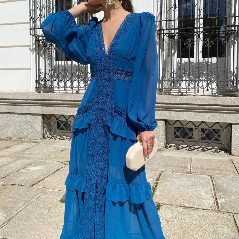 Women V-neck Lantern Long Sleeves Maxi Dress Elegant Patchwork Ruffles Hollow Lace Slim Summer Dress - The Clothing Company Sydney