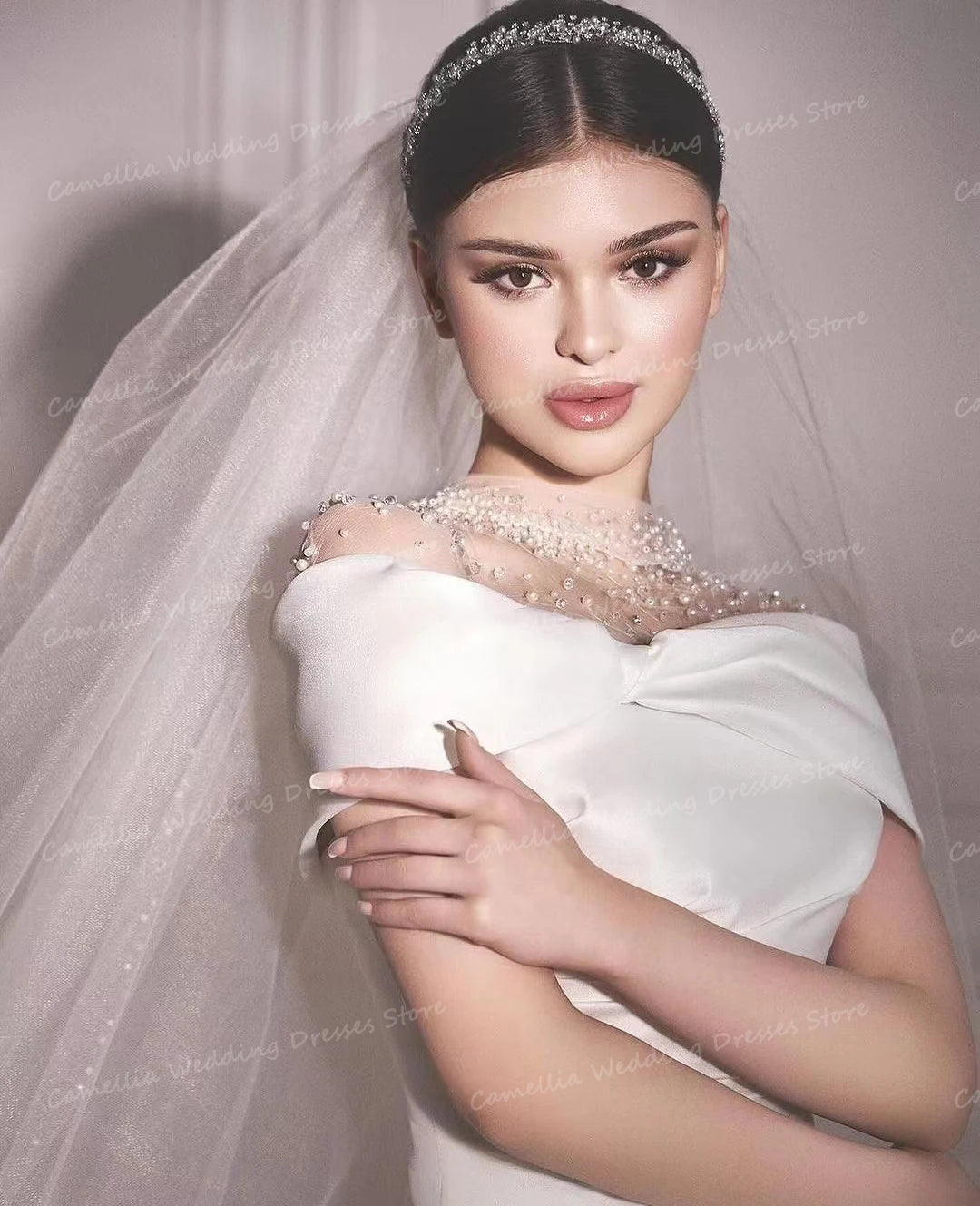 Elegant Women's A Line Beads Off The Shoulder Bridal Gowns Formal Sweep Train Wedding Dress - The Clothing Company Sydney