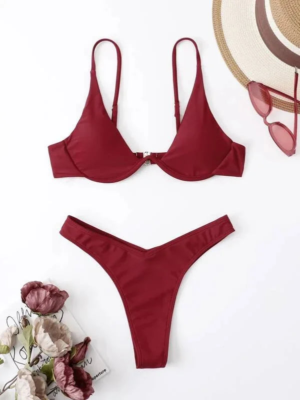 2 Piece Underwire Bikini Women Solid Red Push Up Bra Thong Swimsuit Haler V Neck Bathing Suit Mini Micro Thong Swimwear The Clothing Company Sydney