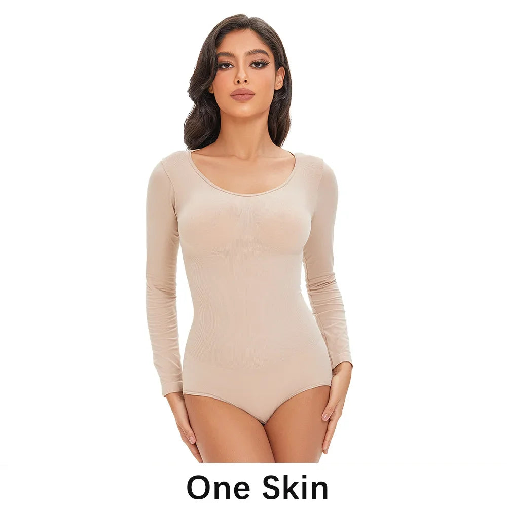 Spandex Elastic Body Suit Shapewear Women Body Shaper Long Sleeve Round Neck Seamless Shapers