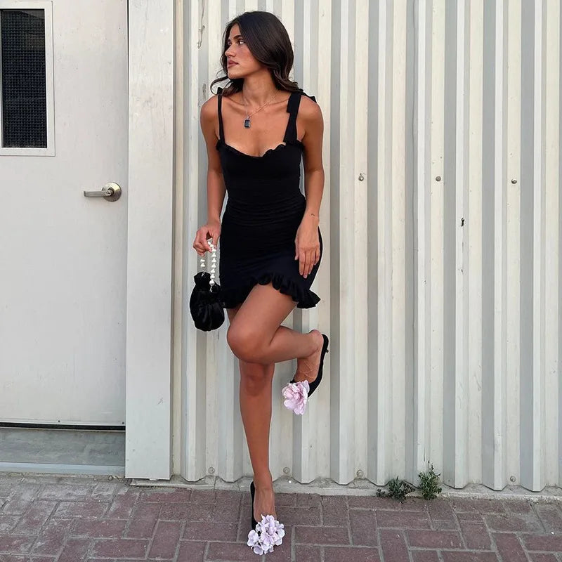 Ruffled Lace-Up Backless Mini Slim High Waist Bandage Summer Patchwork Sleeveless Dress - The Clothing Company Sydney