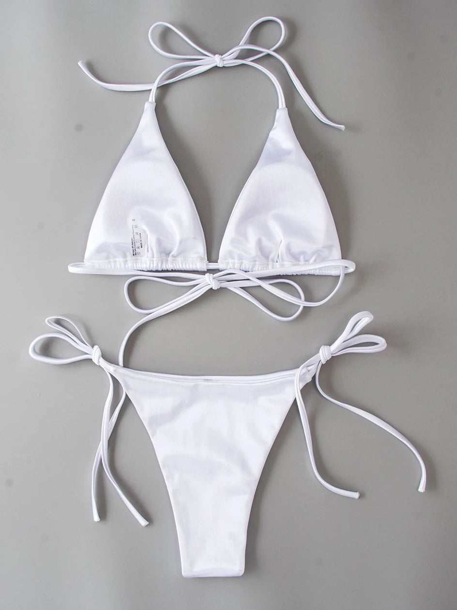 Metallic Halter Triangle Swimsuit Women Swimwear Bathing Suits Brazilian Thong Micro Bikinis Set Beach Wear - The Clothing Company Sydney