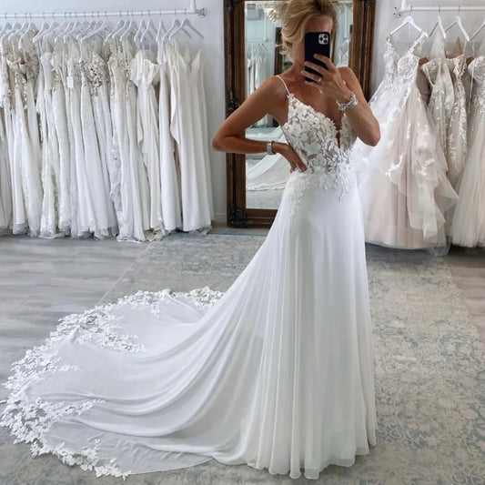 Beach A Line Chiffion Wedding Dresses V-neck Spaghetti Straps Backless Button Boho Bridal Gowns - The Clothing Company Sydney