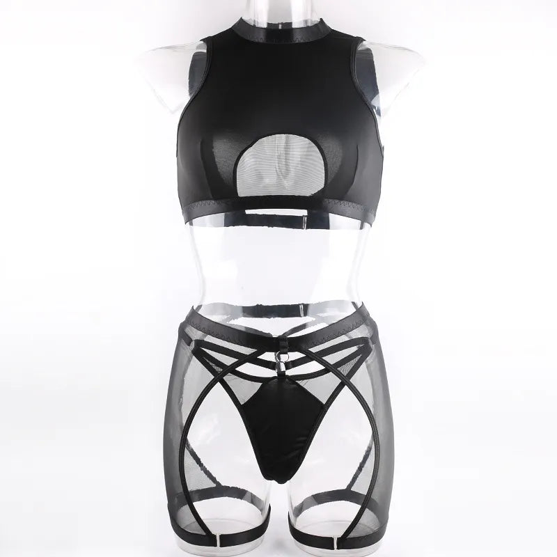 Lingerie Set Woman 3 Piece Vest Top Seamless Underwear Garter Belt Set Thong Black Intimate Exotic Set - The Clothing Company Sydney