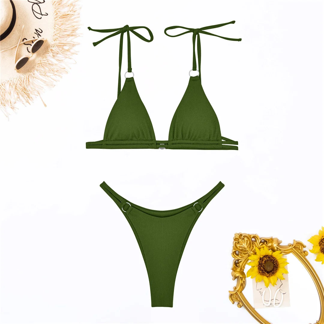 Ribbed High Leg Cut Bikini Swimwear Swimsuit Two-piece Bikini set Bather Bathing Suit - The Clothing Company Sydney