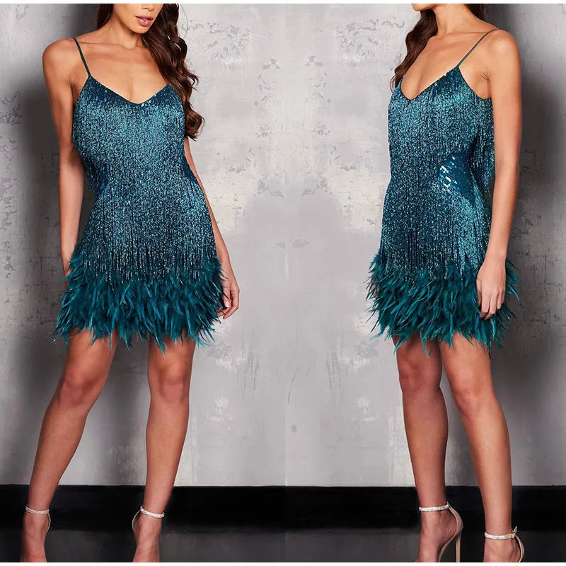 Tassel Sequins Feather Mini Dress Women's Spaghetti Strap Stitching Elegant Evening Party Club Dress - The Clothing Company Sydney