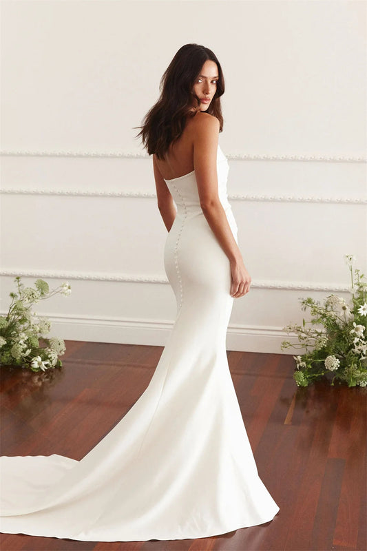 White Strapless Mermaid Long Train Simple Pleated Sleeveless Button Back Customized Formal Wedding Dress The Clothing Company Sydney