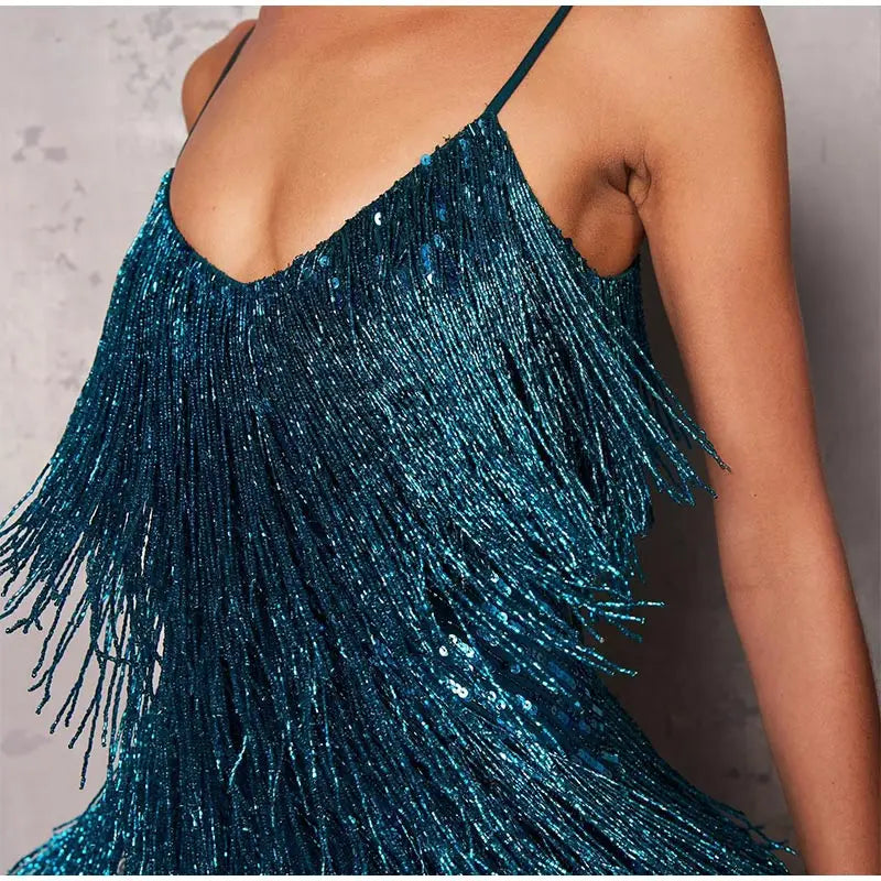 Tassel Sequins Feather Mini Dress Women's Spaghetti Strap Stitching Elegant Evening Party Club Dress - The Clothing Company Sydney