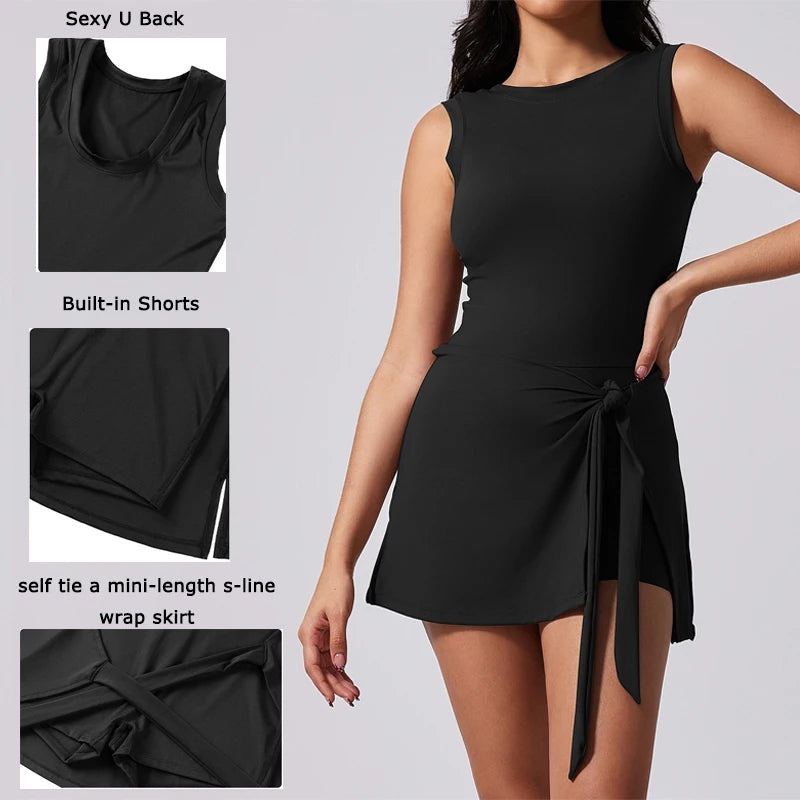 Women's Tennis Dress with Built in Shorts Athletic Dresses Sleeveless Boat Neck Active Workout Skort Dress - The Clothing Company Sydney