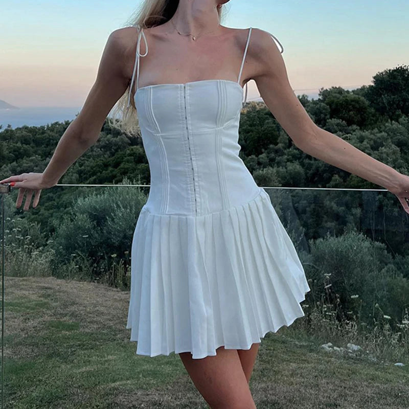Fashion Chic Fold White Pleated Dress Mini Pins Up Birthday Party Sundress Strappy Corset Summer Dress - The Clothing Company Sydney
