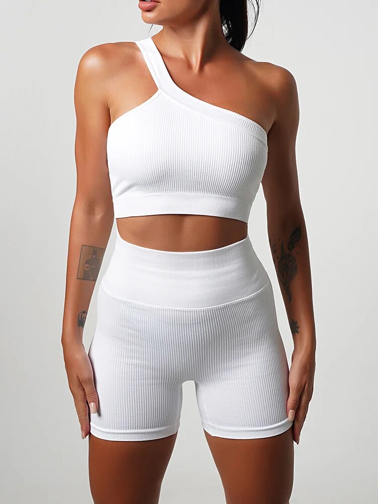 2 Piece Seamless Women Sport Suit Fitness One Shoulder Yoga Set Push Up Bra Workout Gym Shorts Running Clothing Sportswear Tracksuit The Clothing Company Sydney