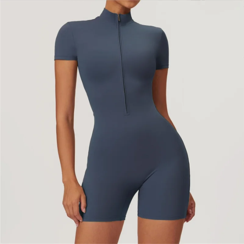 One-piece yoga suit with stand up collar half zipper Short Sleeved fitness jumpsuit Sportswear Playsuit - The Clothing Company Sydney