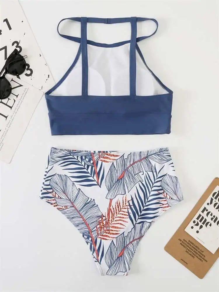 Light Purple High Waist Bikini High Neck Swimsuit Female Two Piece Swimwear Women Print Beach Wear Bathing Suit - The Clothing Company Sydney