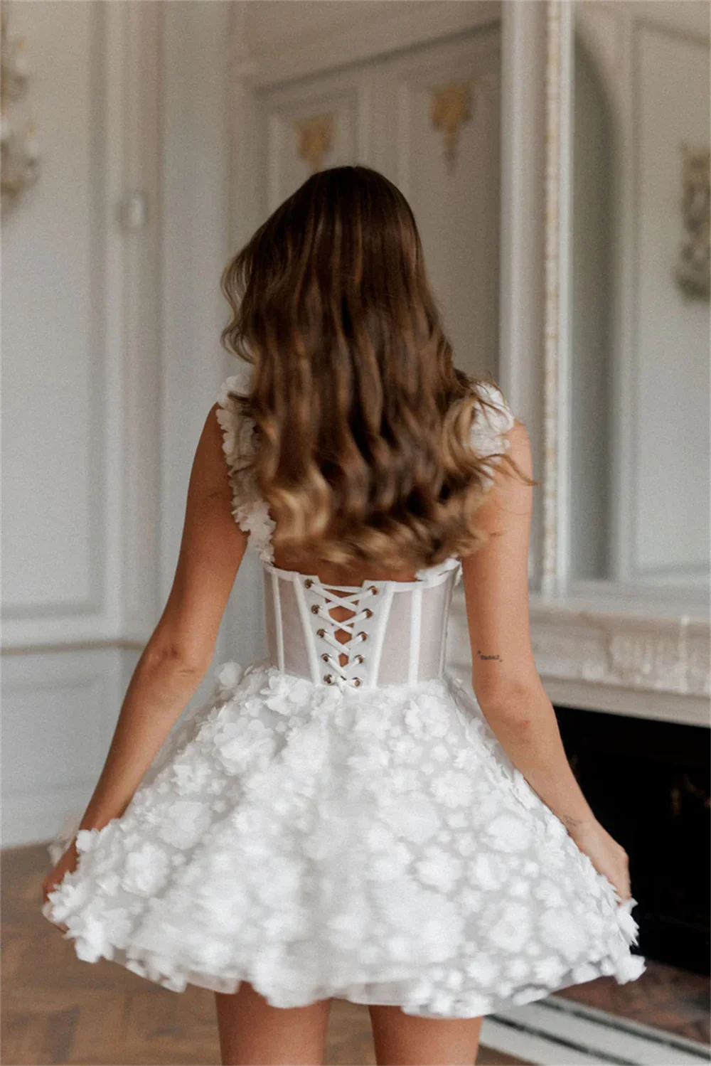White Mini Prom Dresses Flower Lace Embroidery Evening Dress Sleeveless Lace-up Spaghetti Strap Party Dress The Clothing Company Sydney