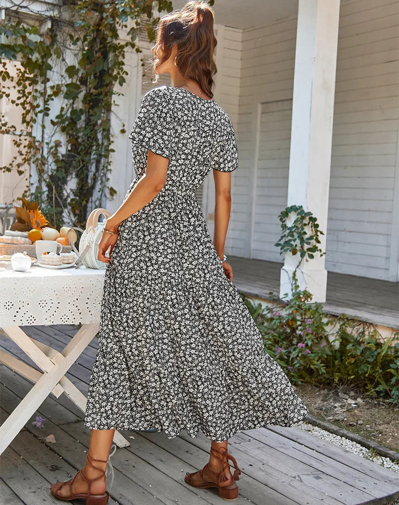 Vintage Floral Dresses for Women Elegant Loose Slit Summer Beach Holiday Leisure Long High Waist Print Dress - The Clothing Company Sydney