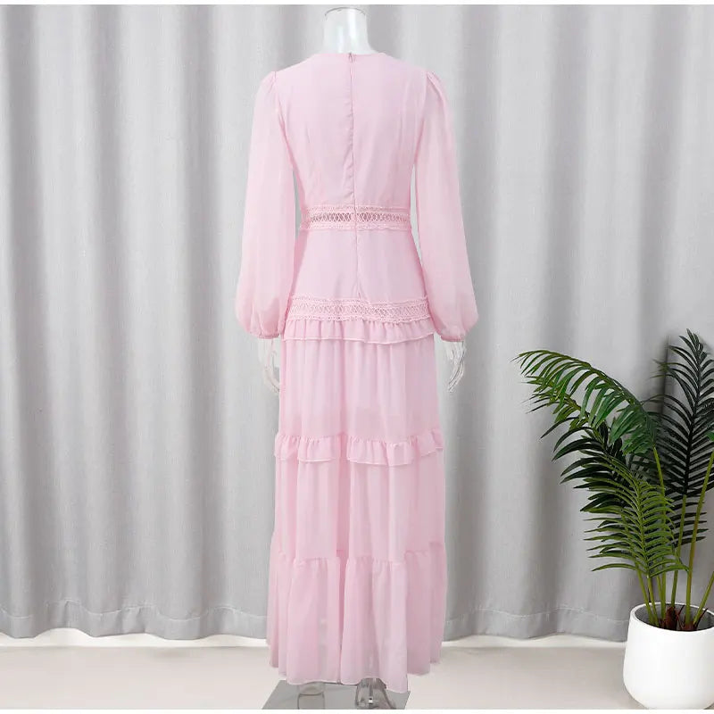 Women V-neck Lantern Long Sleeves Maxi Dress Elegant Patchwork Ruffles Hollow Lace Slim Summer Dress - The Clothing Company Sydney