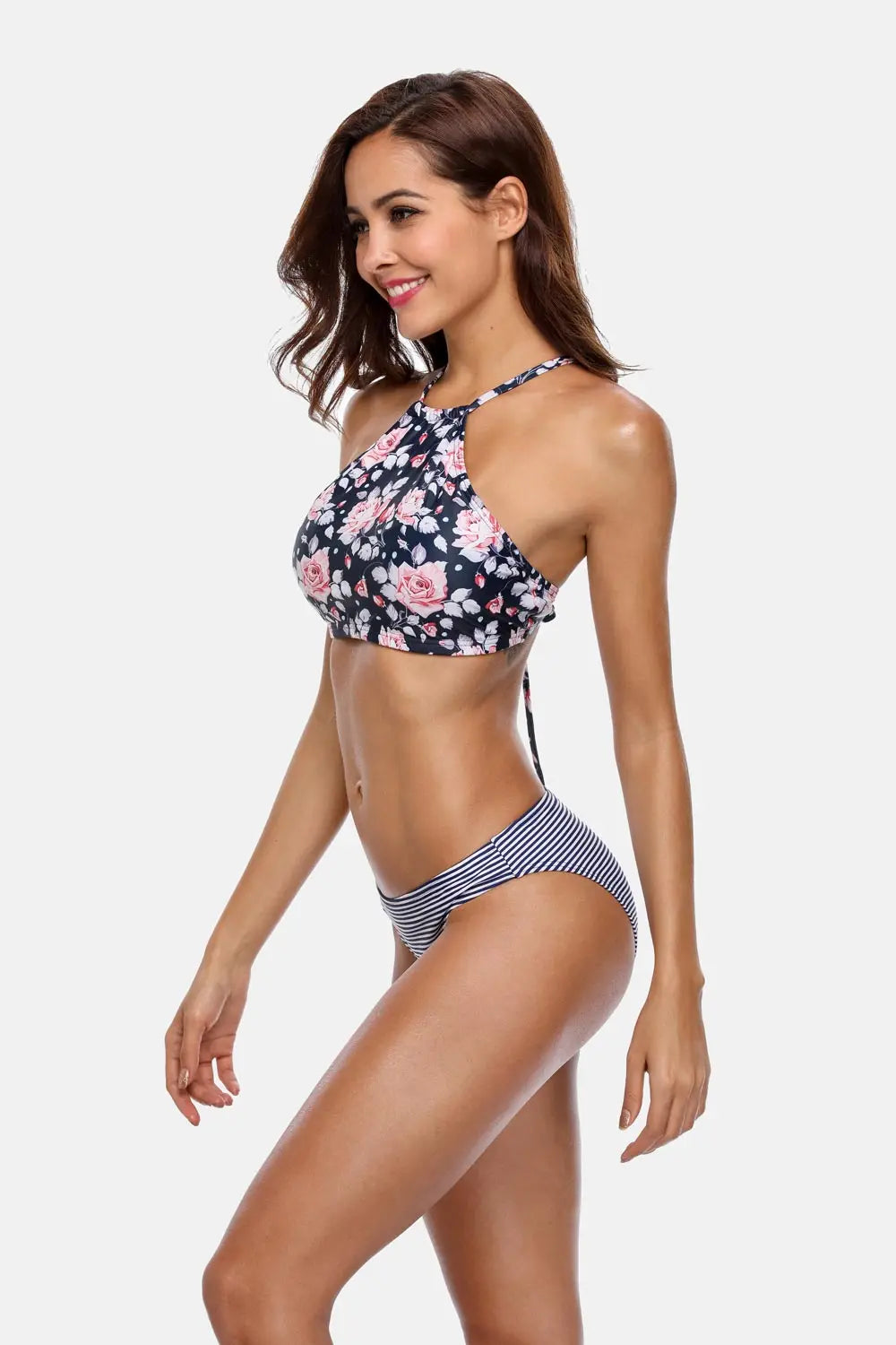 Women's Striped Bikini Set High Neck Swimsuit Vintage Floral Swimwear Strappy Bathing Suit Padded Beachwear - The Clothing Company Sydney