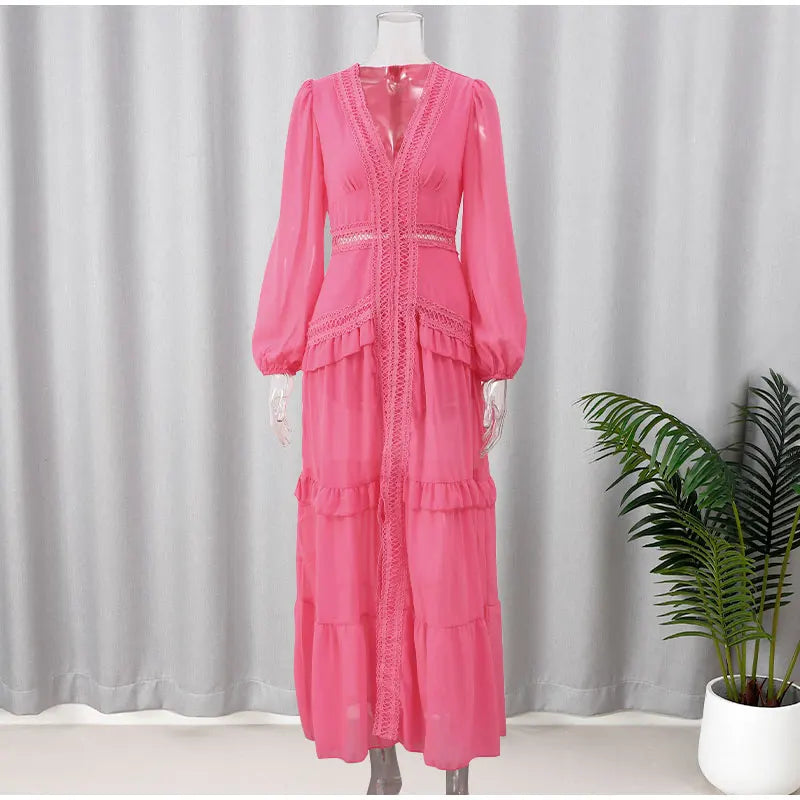 Women V-neck Lantern Long Sleeves Maxi Dress Elegant Patchwork Ruffles Hollow Lace Slim Summer Dress - The Clothing Company Sydney