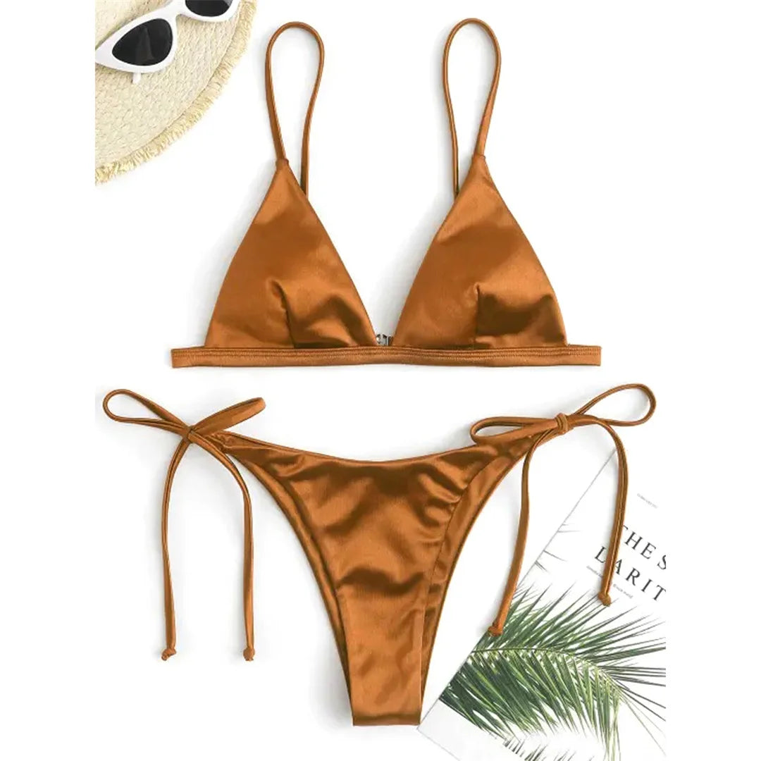 Side Tie Satin High Leg Cut Brazilian Bikini Swimwear Swimsuit Two piece Bikini set Bather Bathing Suit - The Clothing Company Sydney