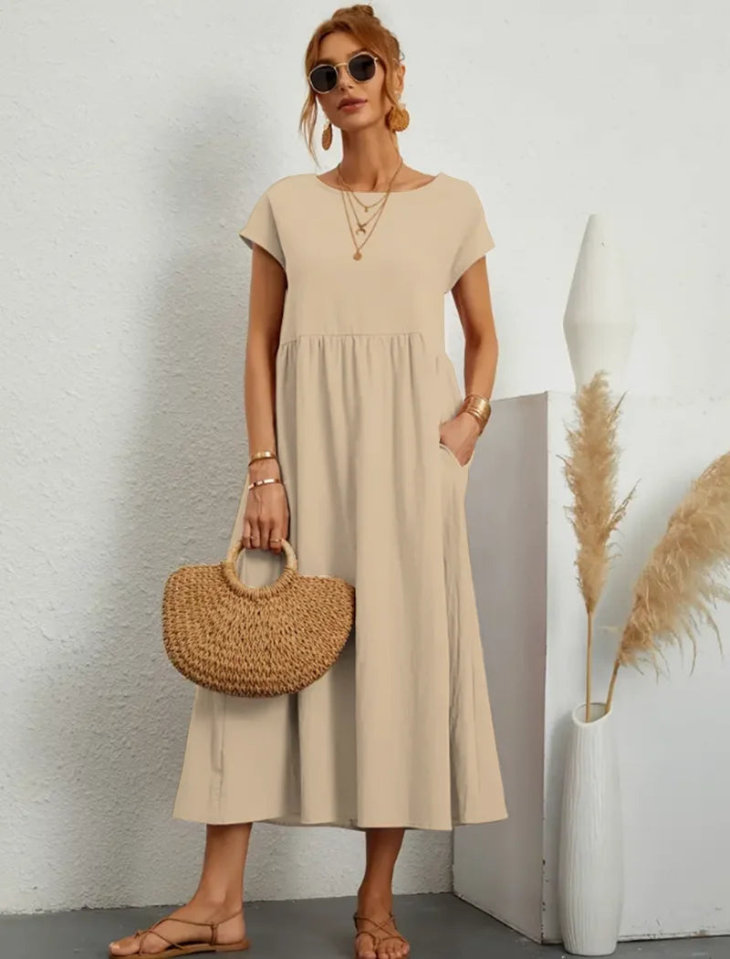 Women's Elegant Dress Summer Short Sleeve O-Neck Vintage Cotton Linen Comfortable Loose Pocket Long Dress - The Clothing Company Sydney