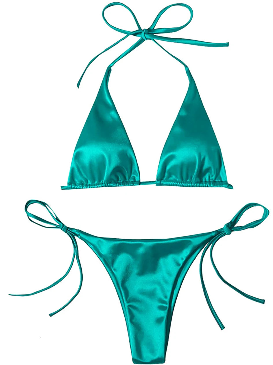 Metallic Halter Triangle Swimsuit Women Swimwear Bathing Suits Brazilian Thong Micro Bikinis Set Beach Wear