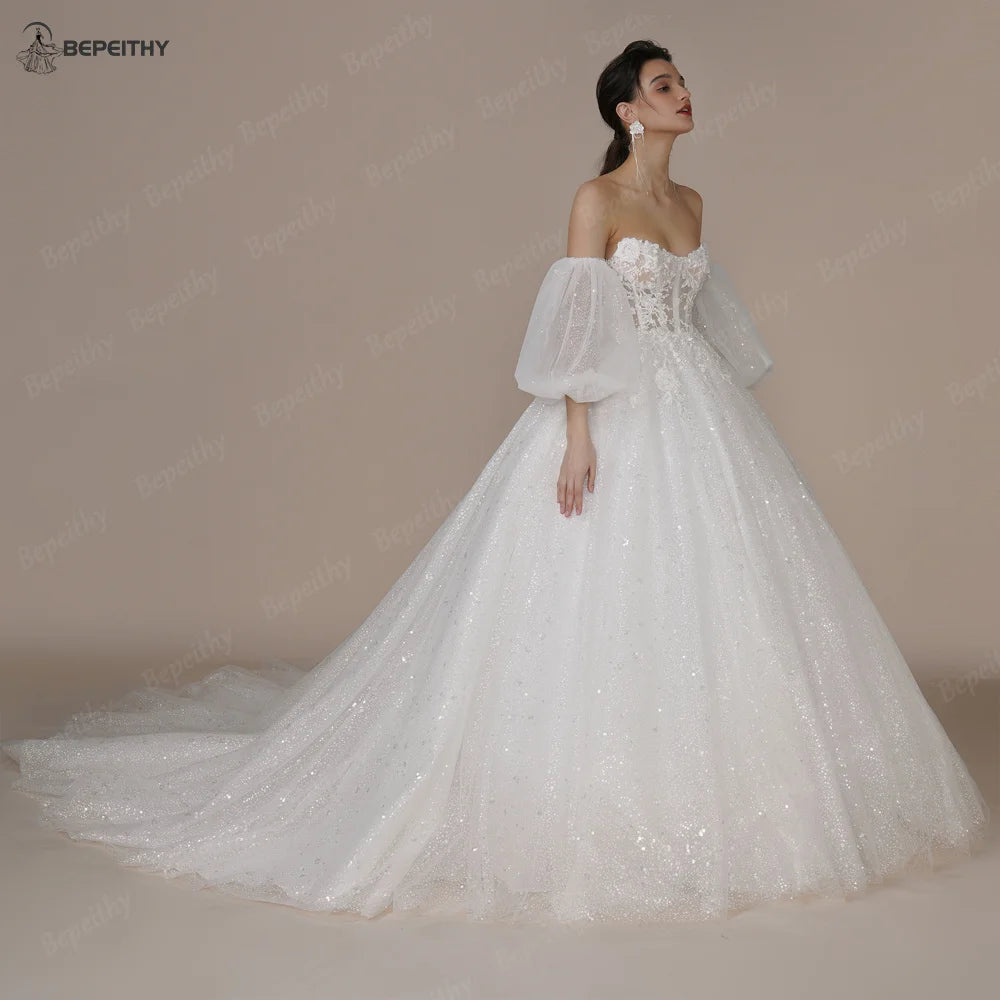 Princess Strapless Ivory Glitter Wedding Dresses Court Train Bride 3D Flower Romantic Shinny Bridal Gown The Clothing Company Sydney