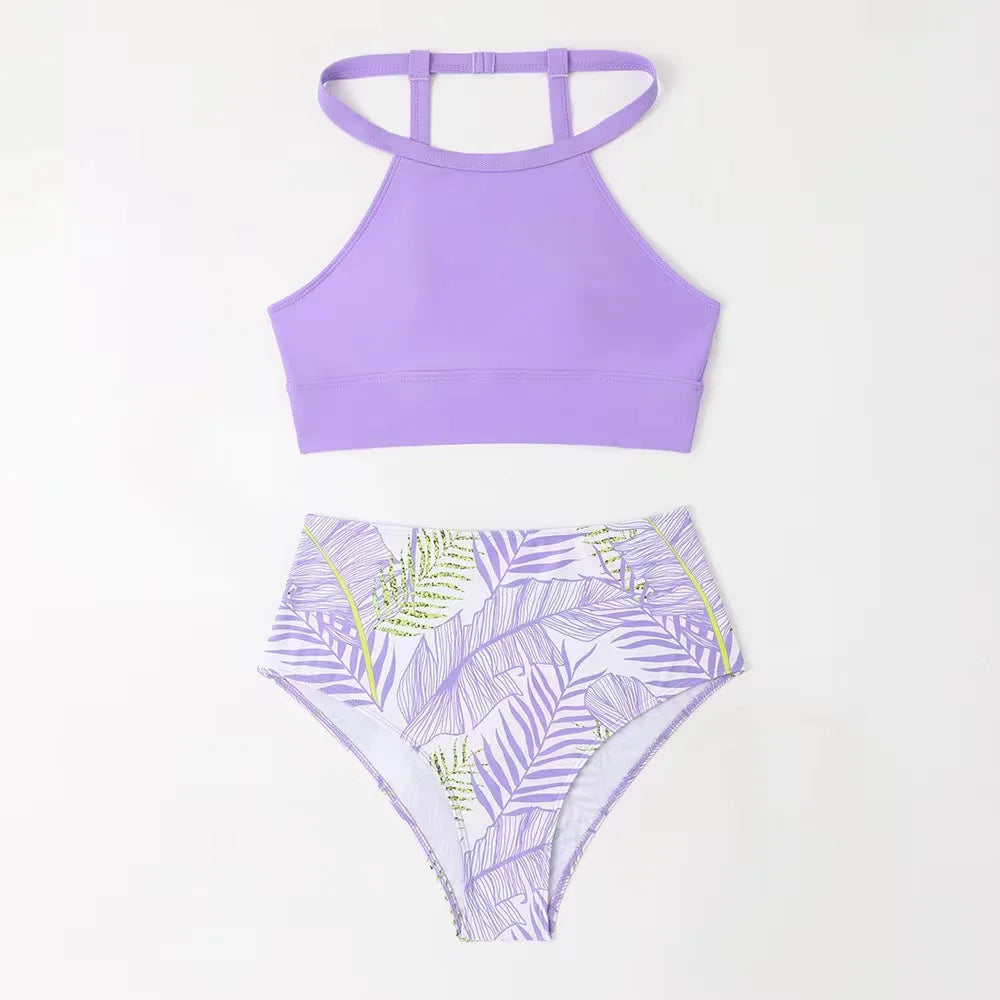 Light Purple High Waist Bikini High Neck Swimsuit Female Two Piece Swimwear Women Print Beach Wear Bathing Suit - The Clothing Company Sydney