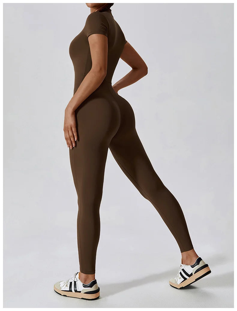 Yoga Jumpsuit Women Zipper Short Sleeve one piece Gym suit Fitness Set Workout Romper Elastic Sportswear - The Clothing Company Sydney
