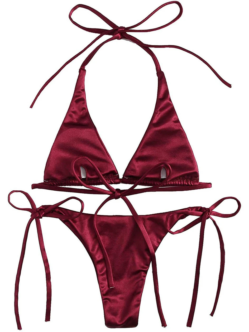 Metallic Halter Triangle Swimsuit Women Swimwear Bathing Suits Brazilian Thong Micro Bikinis Set Beach Wear