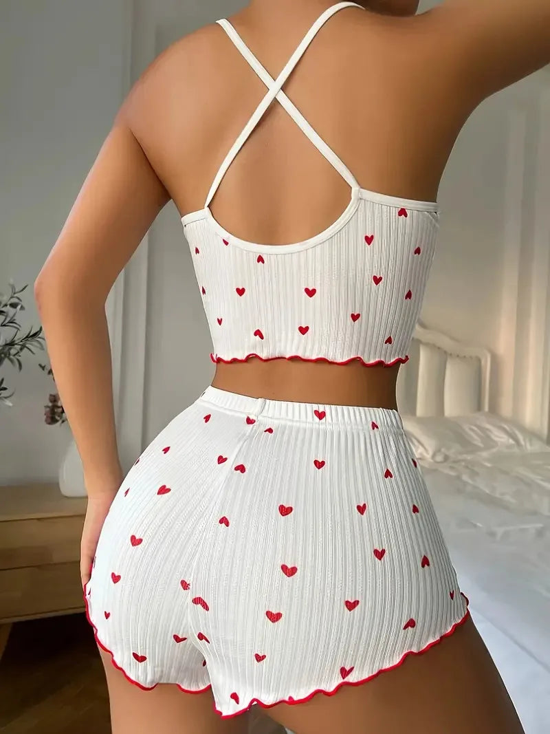 Women’s Heart Print Pyjama Set – Soft Ribbed Cami Top & Shorts with Frill Trim - The Clothing Company Sydney