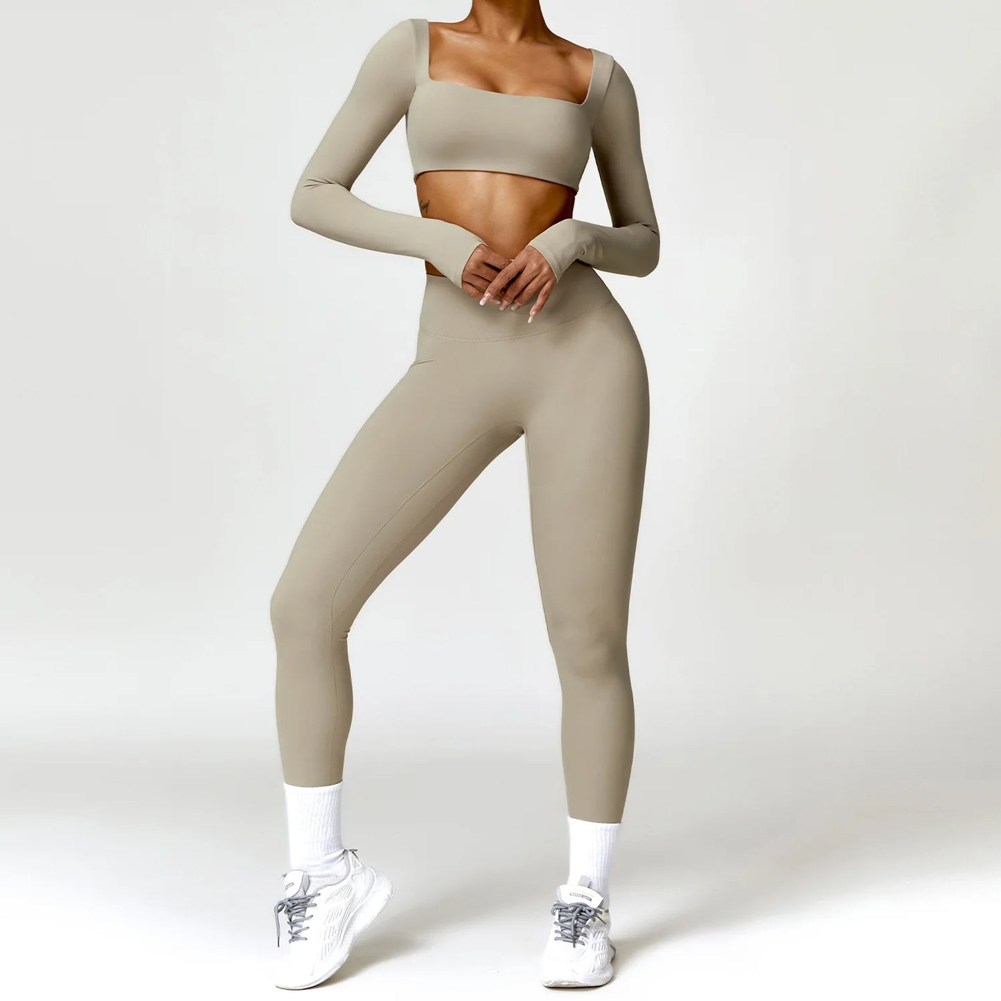 2 Piece Long Sleeve Gym Set Women Yoga Clothes Quick-Drying Sportswear Running Leggings Workout Sports Crop Top Shorts