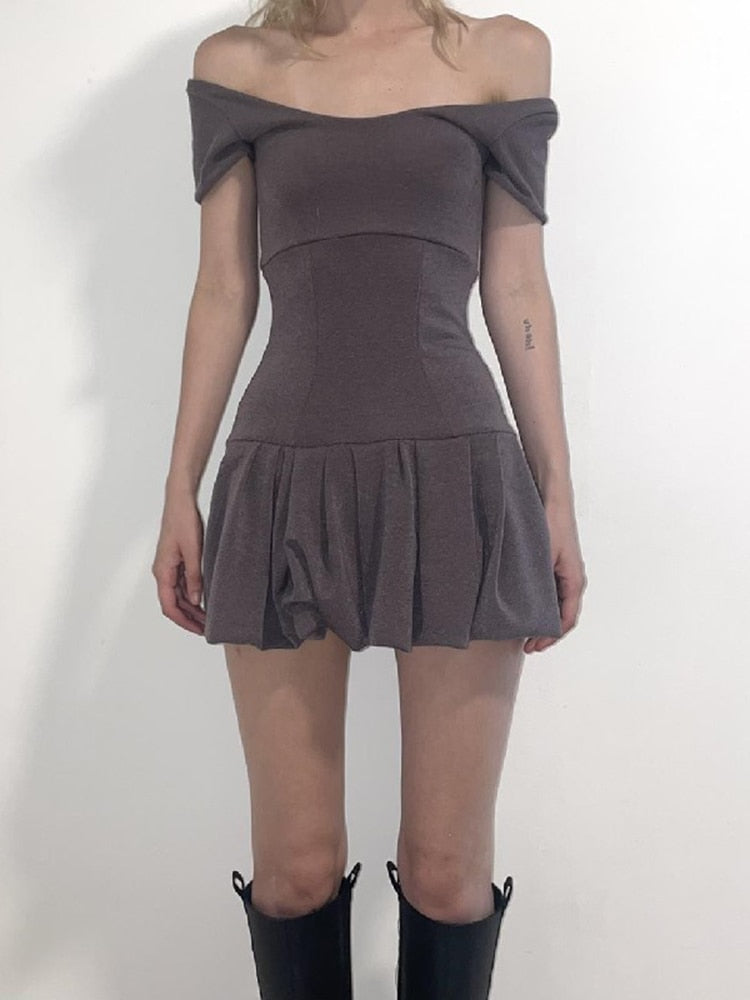 Brown Vintage Y2K Folds Slim Summer Mini Dress for Women Round Neck Dress The Clothing Company Sydney