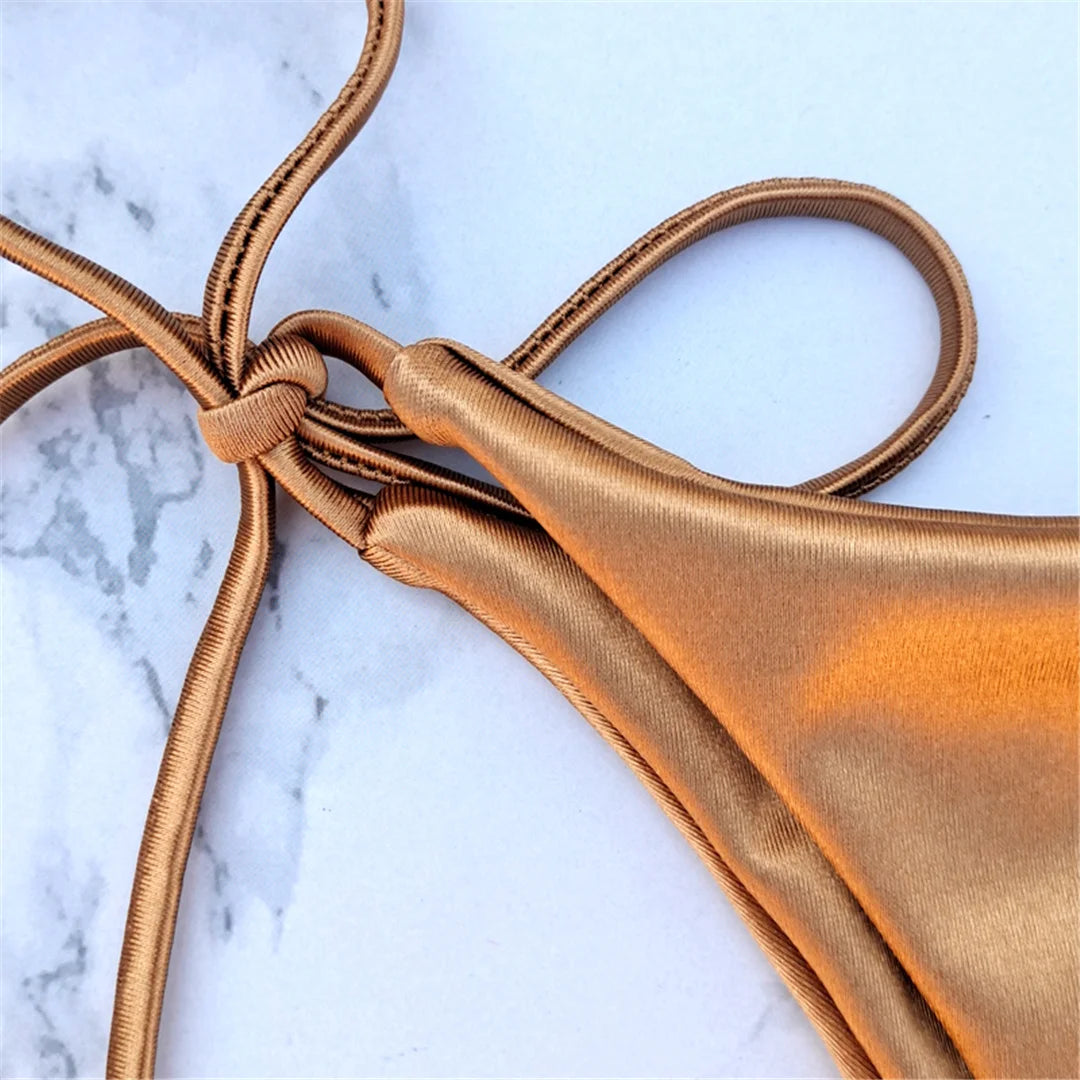 Side Tie Satin High Leg Cut Brazilian Bikini Swimwear Swimsuit Two piece Bikini set Bather Bathing Suit - The Clothing Company Sydney