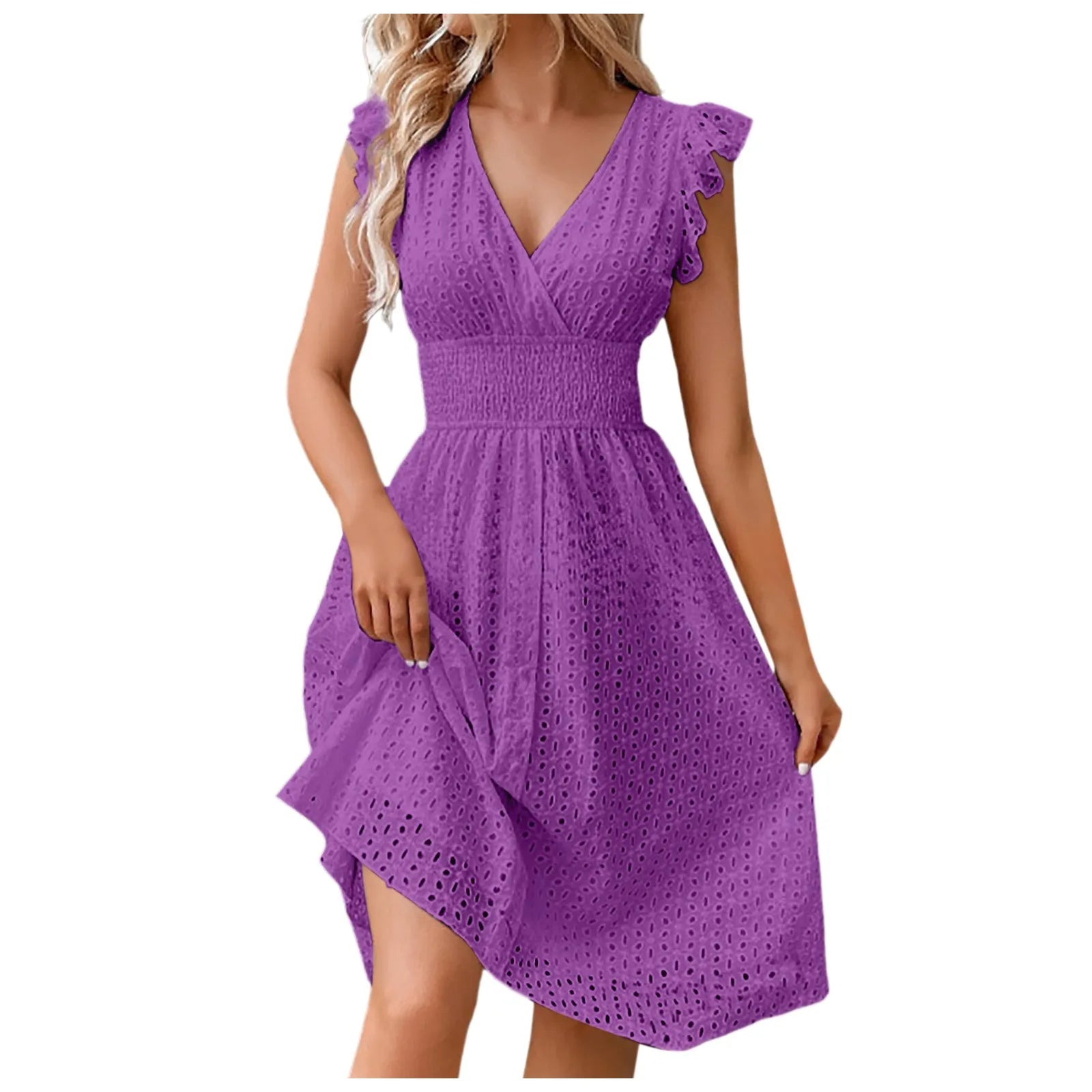Summer Women's Vacation Short Dress V Neck Flare Sleeve Hollow Lace Waist Casual Beach Holiday Dresses - The Clothing Company Sydney