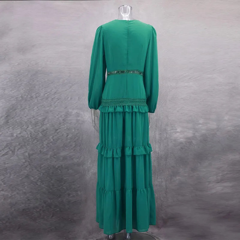 Women V-neck Lantern Long Sleeves Maxi Dress Elegant Patchwork Ruffles Hollow Lace Slim Summer Dress - The Clothing Company Sydney