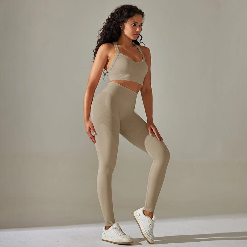 Cross Back Strap Yoga Set Women High Waist Leggings Running Workout Suits Sportswear Seamless Fitness Clothes Tracksuit Set - The Clothing Company Sydney