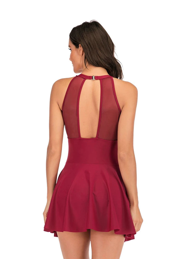 Women's One Piece Swimsuit Swimdress With Shorts Slim Mesh Hollow Out Design Solid Black/Red/Dark Blue Swimwear Plus Size - The Clothing Company Sydney