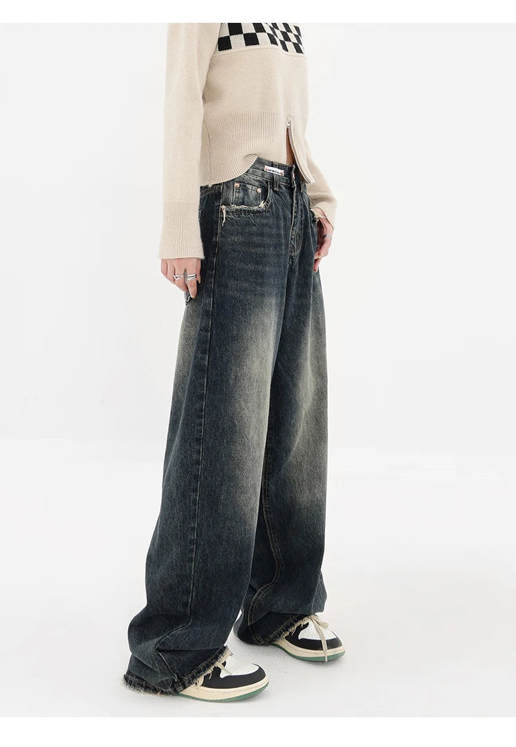Women's Streetwear Retro High Waist Jeans Loose Wide Leg Denim Trousers Y2K Baggy Pants