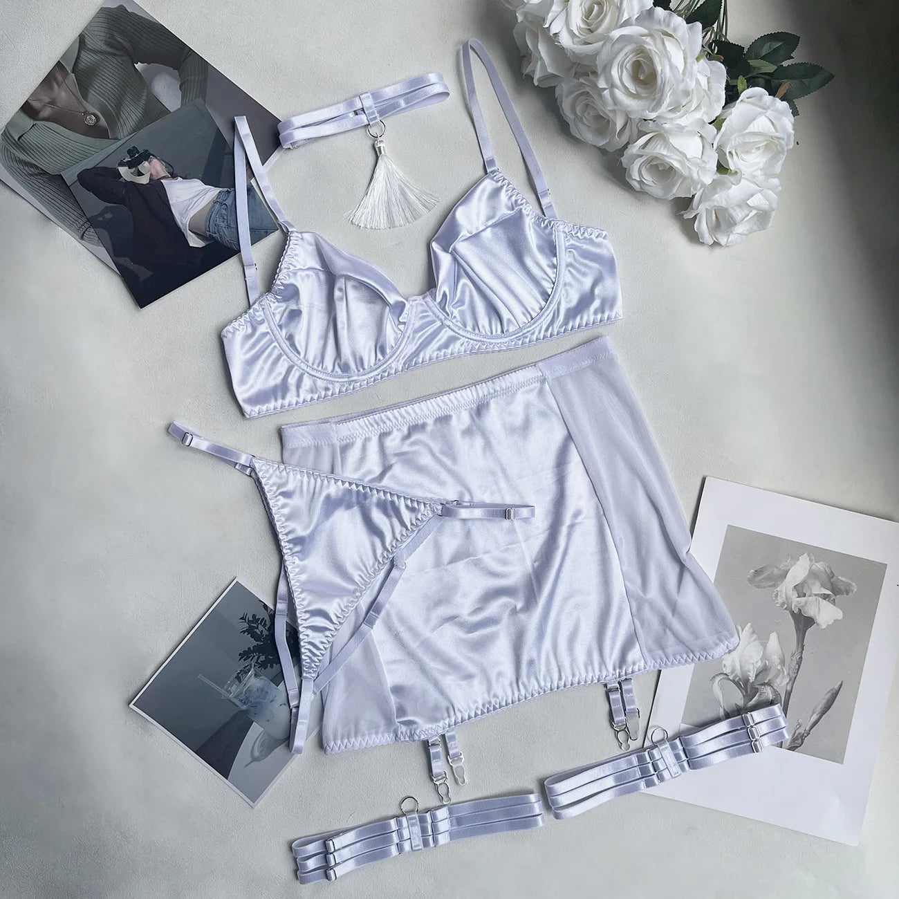 5 Piece Satin Lingerie Underwear Lace Seamless Intimate Skirt Bra And Briefs Outfit Set - The Clothing Company Sydney