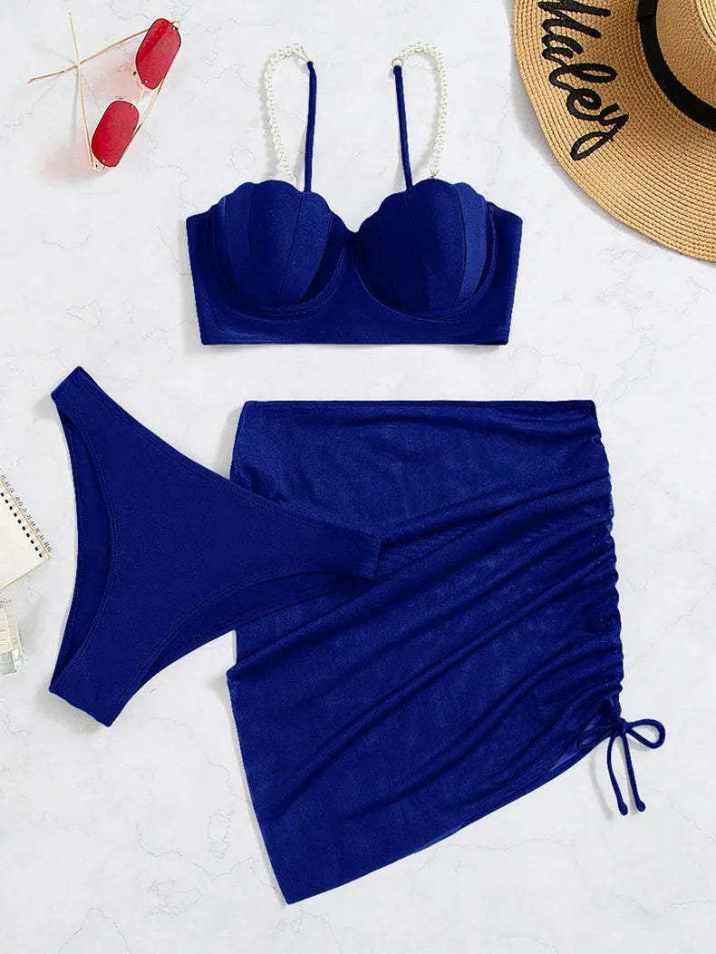 3 Piece Women's Swimsuit Off Shoulder Suspender Pure Cotton Fashion Backless Beach Split Swimwear - The Clothing Company Sydney