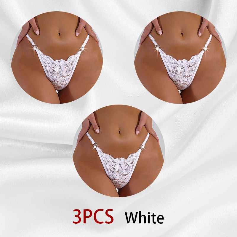 3 Piece Set Women's Lace Panties Perspective Underwear Low Waist Thin Strap Rhinestone Thong G-string Breathable Soft Lingerie The Clothing Company Sydney