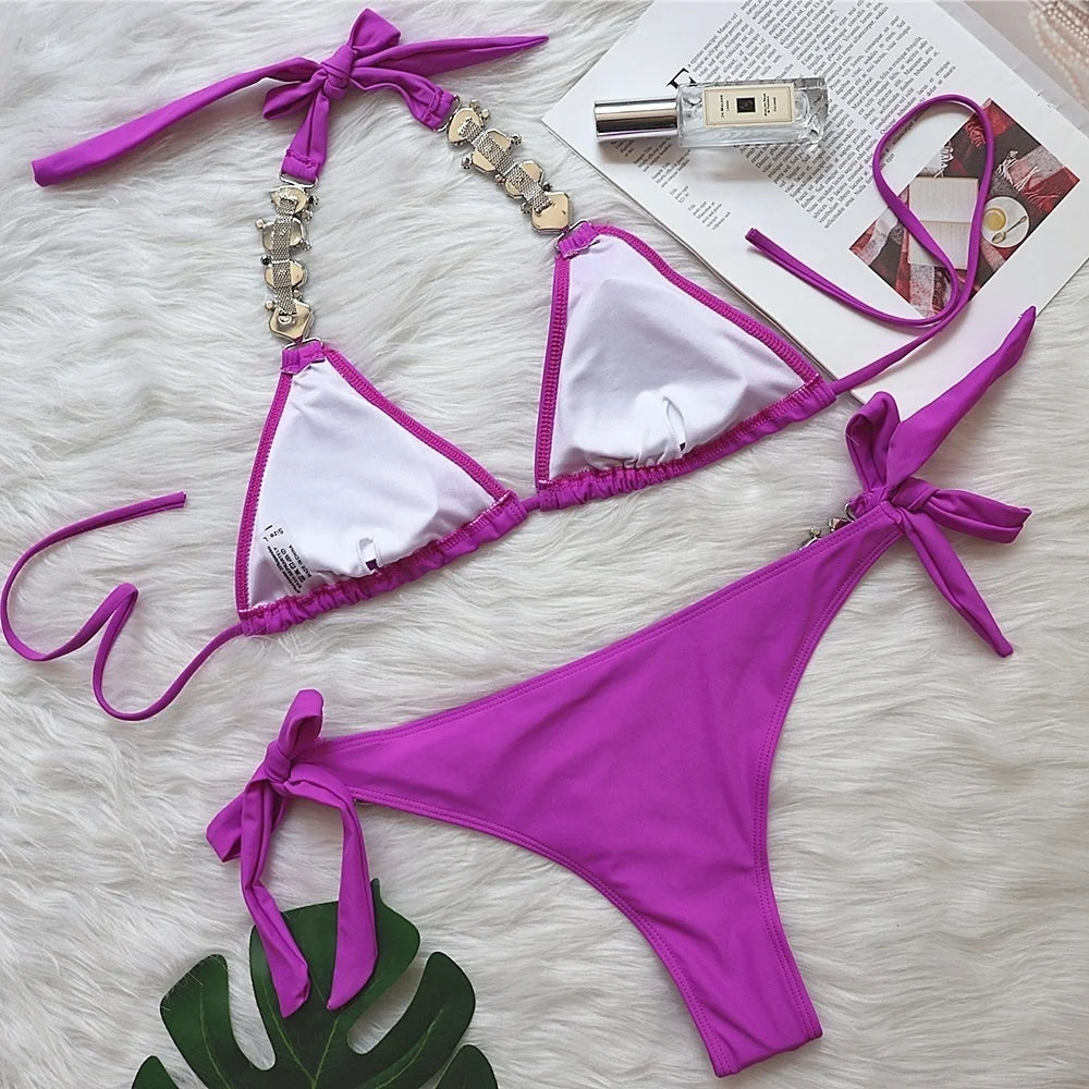 Rhinestone Two 2 Piece Swimsuit Crystal Thong String Bikini Set Women Swimwear Beach Wear Bathing Suit
