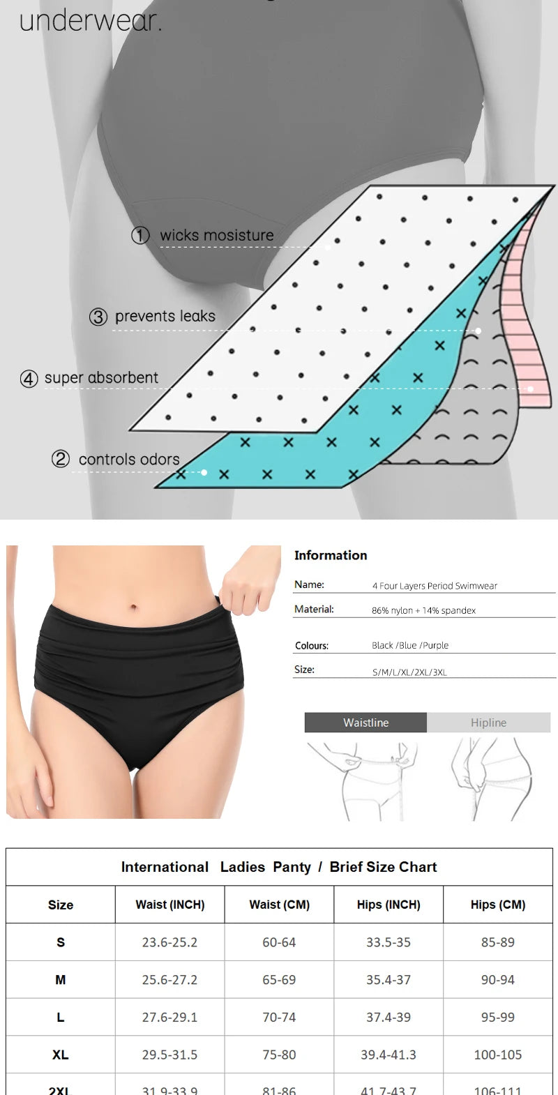 4-Layer Leak Proof Period Swimwear Bikini Bottoms Absorbent Beachwear Panties Plus Size Menstrual Swimsuit - The Clothing Company Sydney