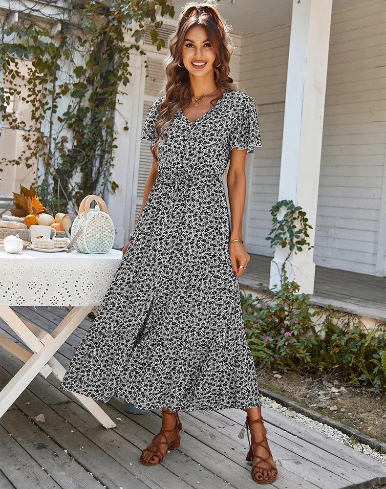 Vintage Floral Dresses for Women Elegant Loose Slit Summer Beach Holiday Leisure Long High Waist Print Dress - The Clothing Company Sydney