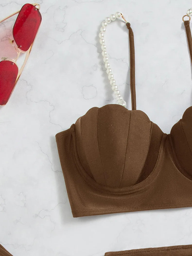 3 Piece Women's Swimsuit Off Shoulder Suspender Pure Cotton Fashion Backless Beach Split Swimwear - The Clothing Company Sydney