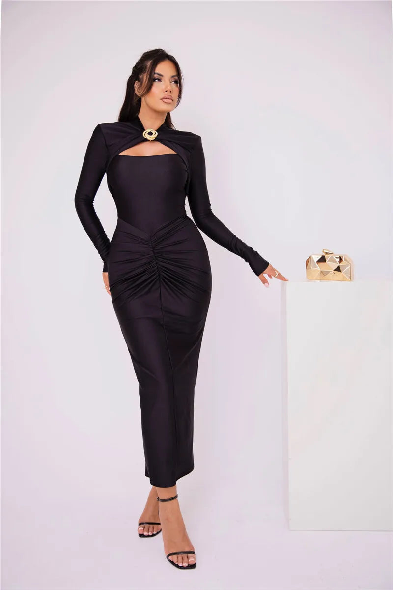 Hollow Out Long Sleeve Maxi Dress Gown Autumn Winter New Metal Buckle Ruched Slit Long Elegant Dress - The Clothing Company Sydney
