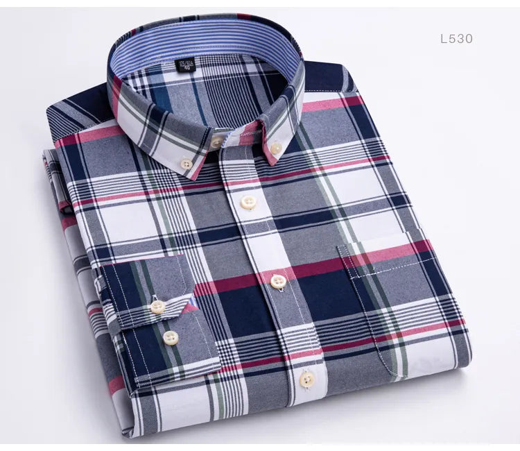 Men's Versatile Casual Checkered Oxford Cotton Shirts Single Pocket Long Sleeve Standard-fit Button Down Gingham Striped Shirt The Clothing Company Sydney
