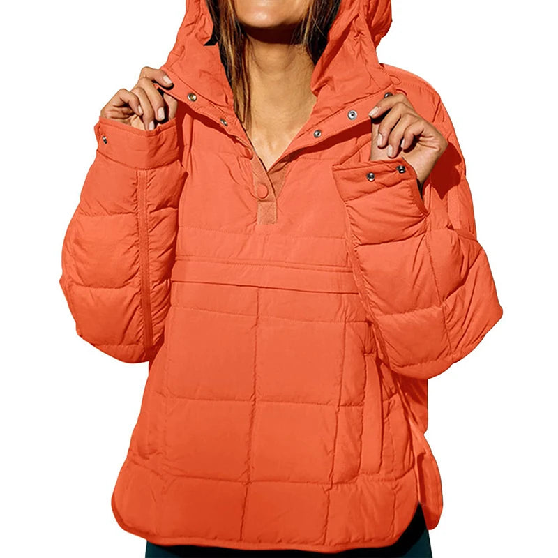 Autumn Winter Padded Jacket For Women Fashion Pockets Long Sleeves Hooded Pullovers Casual Coat - The Clothing Company Sydney