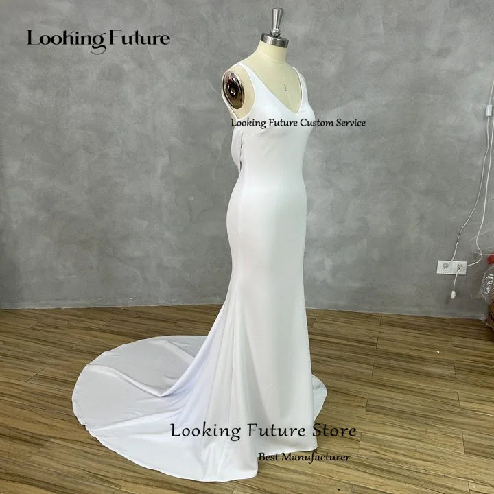 Mermaid Wedding Dress V-Neck Open Back Boho Wedding Gown Simple Plain Long Train Buttons Beach Bridal Dress - The Clothing Company Sydney